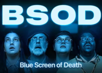 Empat orang menatap ke atas dengan ekspresi terkejut di bawah tulisan neon biru "BSOD", dengan logo Apple di sudut kiri bawah, menyindir Blue Screen of Death.
