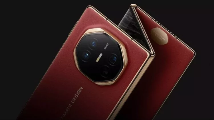 Dua smartphone lipat Huawei berwarna merah marun dengan aksen emas, menunjukkan modul kamera belakang X-Image yang menonjol.
