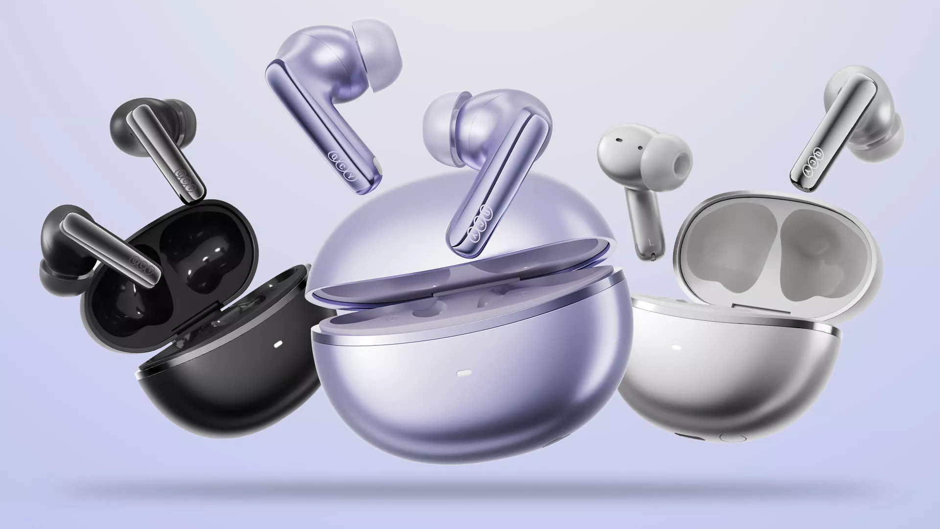 Ragam warna QCY MeloBuds N70: hitam, ungu, dan putih