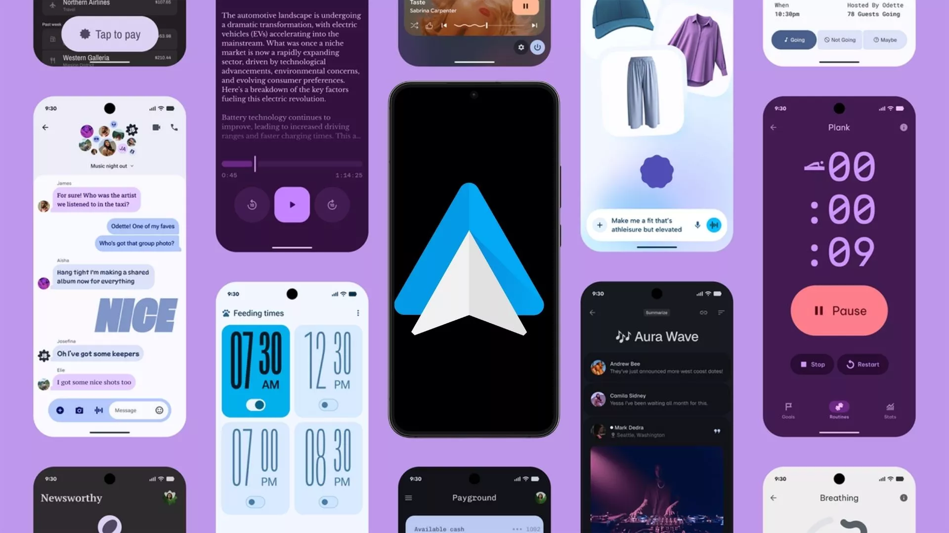 Kolase antarmuka Android modern dengan ikon Android Auto di tengah, dikelilingi oleh berbagai widget dan aplikasi.