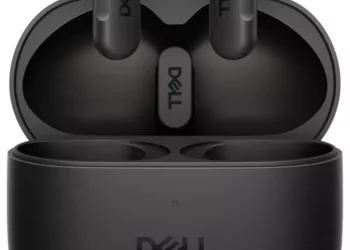 Dell Pro Plus Earbuds EB525 dengan case charging-nya, menampilkan earbuds yang didukung AI untuk menyaring suara bising di rapat.