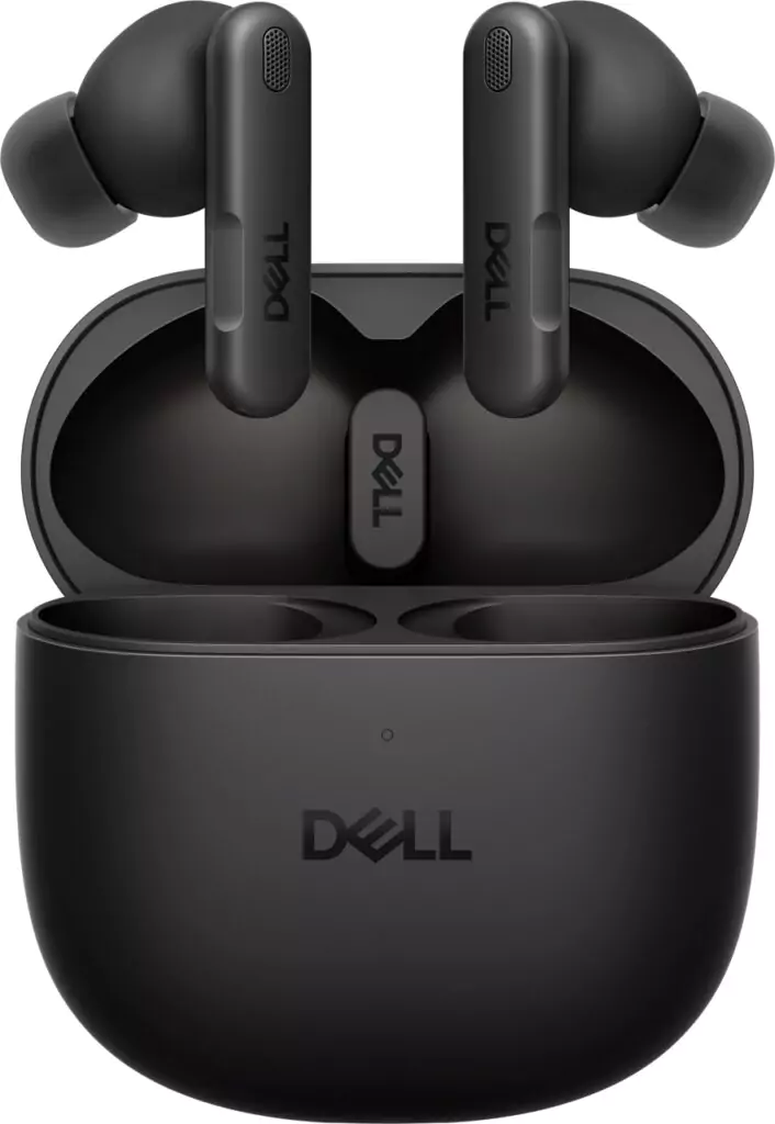 Dell Pro Plus Earbuds EB525 dengan case charging-nya, menampilkan earbuds yang didukung AI untuk menyaring suara bising di rapat.