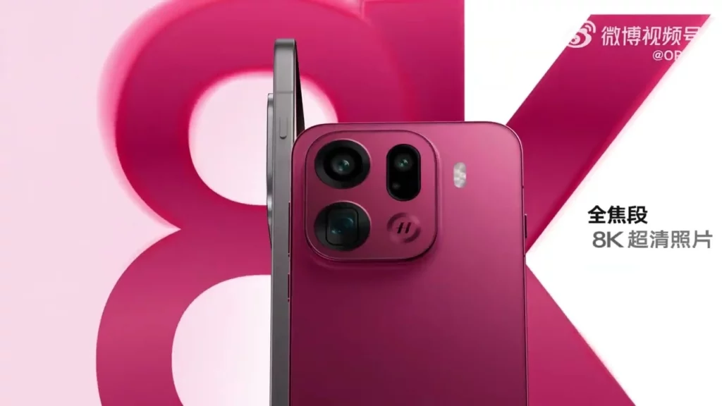 Tampilan close-up modul kamera Hasselblad pada Oppo Find X9 berwarna merah, menunjukkan logo "H" dan branding 8K.
