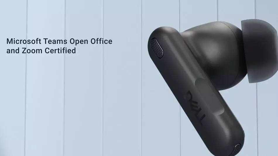 Earbuds kerja Dell Pro Plus terhubung ke laptop dan smartphone, dengan USB-C receiver yang memudahkan panggilan tanpa lag.