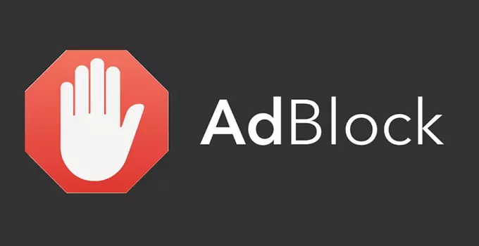Logo AdBlock berupa ikon tangan putih di dalam segi delapan merah tanda berhenti, dengan teks 'AdBlock' di sebelahnya
