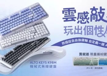 Poster promosi Logitech Alto Keys K98M menampilkan tiga varian keyboard mekanis nirkabel (biru, putih, hitam) dengan desain bodi melengkung 'UniCushion' dan teks promosi berbahasa Mandarin.