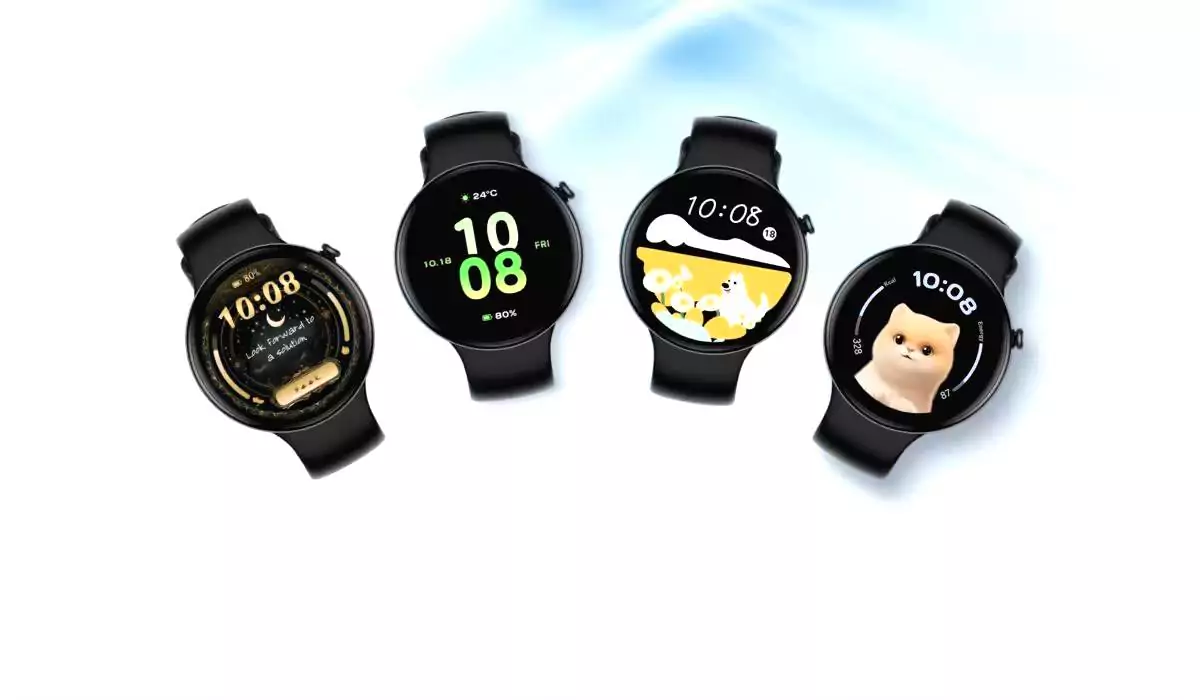 Empat buah Honor Watch Fit Active berwarna hitam dengan berbagai tampilan watch face yang menarik, termasuk animasi kucing dan informasi kesehatan.