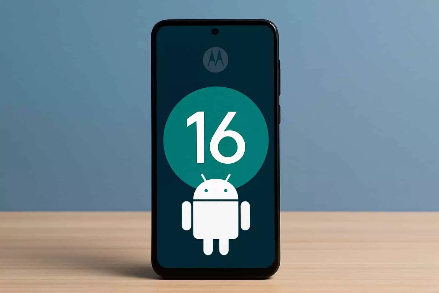 Smartphone Motorola dengan layar menampilkan angka "16" besar dan logo robot Android putih, mengindikasikan versi Android 16.