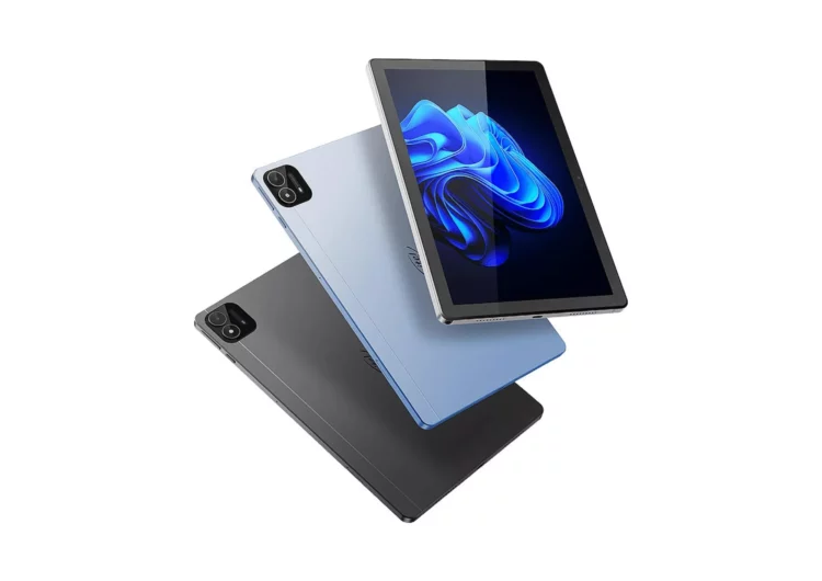 Tiga unit tablet berjejer dalam warna abu-abu gelap dan biru muda, menyoroti desain belakang dan layar depan.