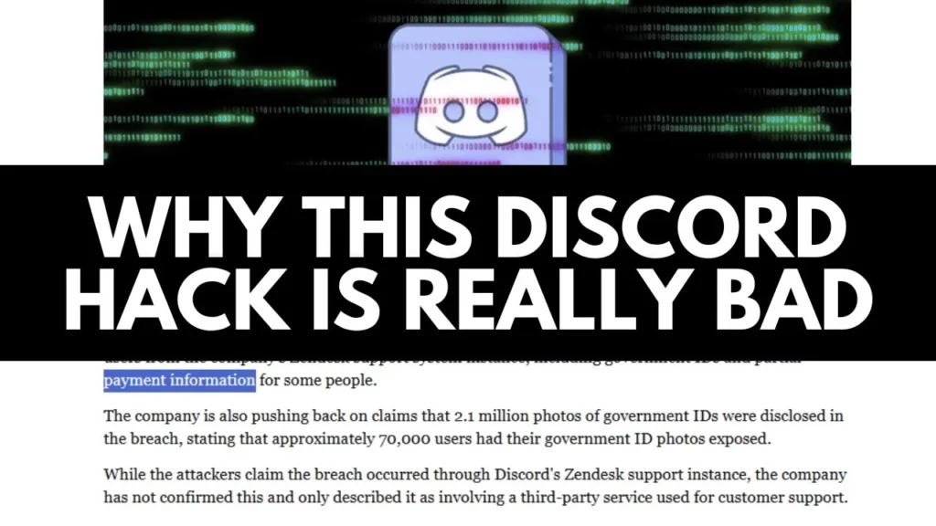 Ilustrasi grafis yang menjelaskan bahaya insiden data Discord bocor, menyoroti teks 'Why This Discord Hack is Really Bad' dan keterlibatan pihak ketiga Zendesk.