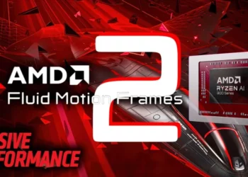 Poster promosi AMD Fluid Motion Frames 2 yang mendapatkan peningkatan performa masif dengan fitur baru.