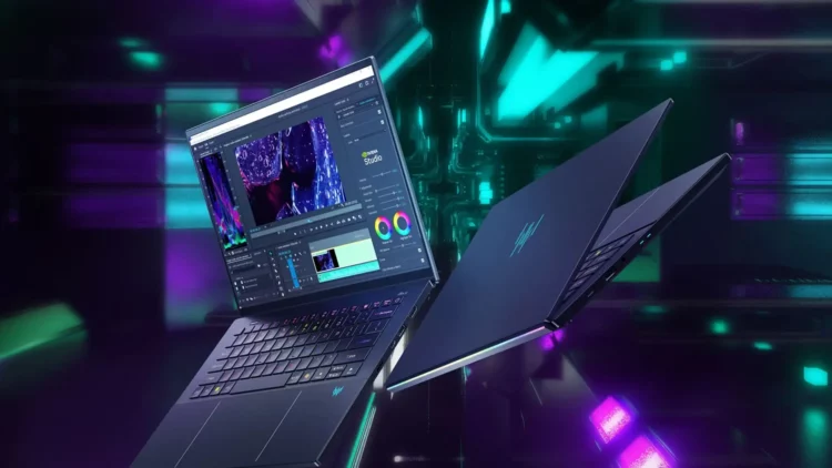 Dua laptop gaming Acer Predator Triton 14 AI dalam latar futuristik, satu terbuka menunjukkan layar dan keyboard, dan satu lagi tertutup sebagian untuk menonjolkan desainnya yang tipis.