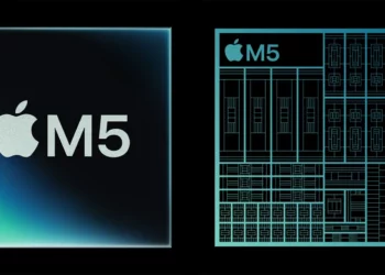 Poster resmi yang menampilkan logo chip Apple M5 di sebelah kiri dan diagram arsitekturnya di sebelah kanan, mengilustrasikan desain baru yang dioptimalkan untuk AI.