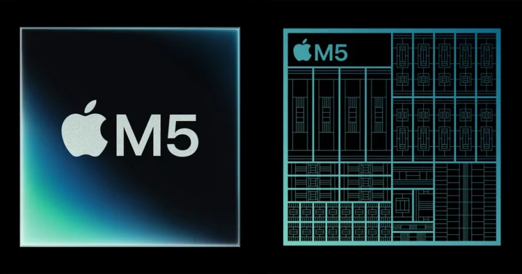 Poster resmi yang menampilkan logo chip Apple M5 di sebelah kiri dan diagram arsitekturnya di sebelah kanan, mengilustrasikan desain baru yang dioptimalkan untuk AI.