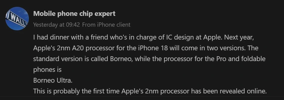 Screenshot bocoran Weibo dari 'Mobile phone chip expert' yang mengungkap nama kode 'Borneo' (A20) dan 'Borneo Ultra' (A20 Pro) untuk chipset iPhone 18.