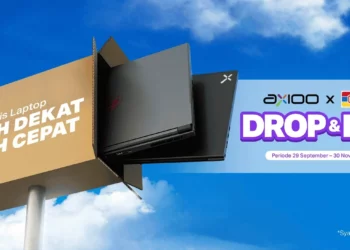 Poster promosi layanan servis laptop Axioo 'Drop & Pick' melalui Indomaret yang kini lebih dekat dan lebih cepat.
