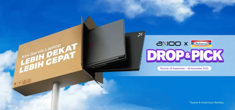 Poster promosi layanan servis laptop Axioo 'Drop & Pick' melalui Indomaret yang kini lebih dekat dan lebih cepat.