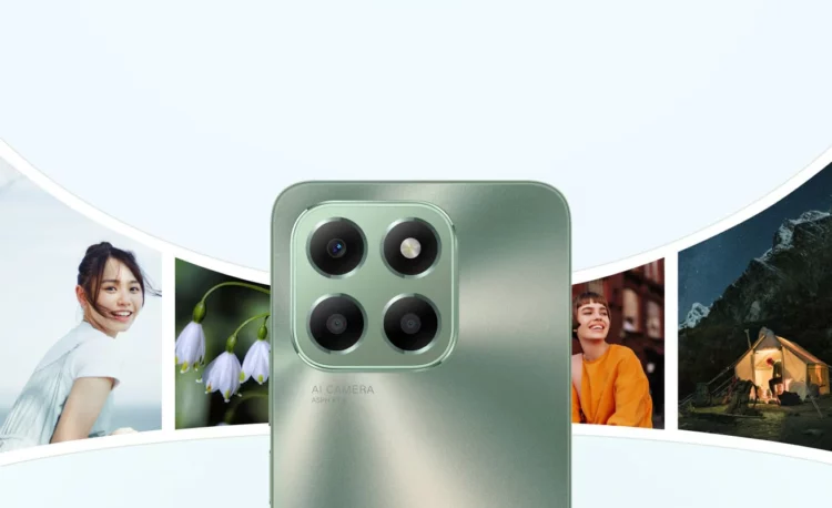 Modul AI Camera 50MP pada Honor X6b Plus, dikelilingi oleh contoh-contoh foto, menyoroti fitur unggulan HP murah yang sudah tahan banting bersertifikasi SGS.