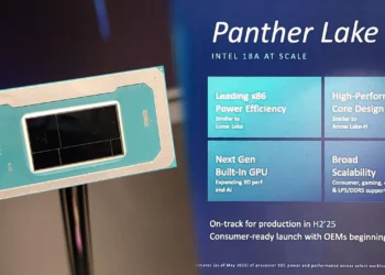 Sebuah chip prototipe dan slide presentasi yang menjelaskan fitur-fitur utama dari arsitektur prosesor Intel Panther Lake.