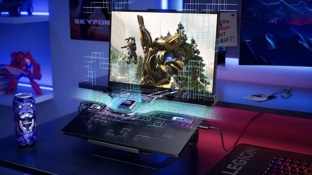 Ilustrasi laptop gaming Lenovo Legion Pro 5i yang ditenagai oleh prosesor Intel Core Ultra HX Series untuk performa maksimal.