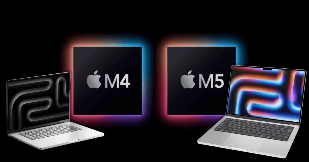 Perbandingan visual antara chipset Apple M5 dan M4 yang menunjukkan kemiripan arsitektur CPU dasar.