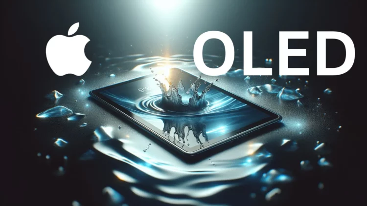 Ilustrasi konseptual iPad mini Tahan Air dan berlayar OLED, sesuai roadmap Apple yang diungkap Mark Gurman, menampilkan logo Apple dan iPad di atas air.