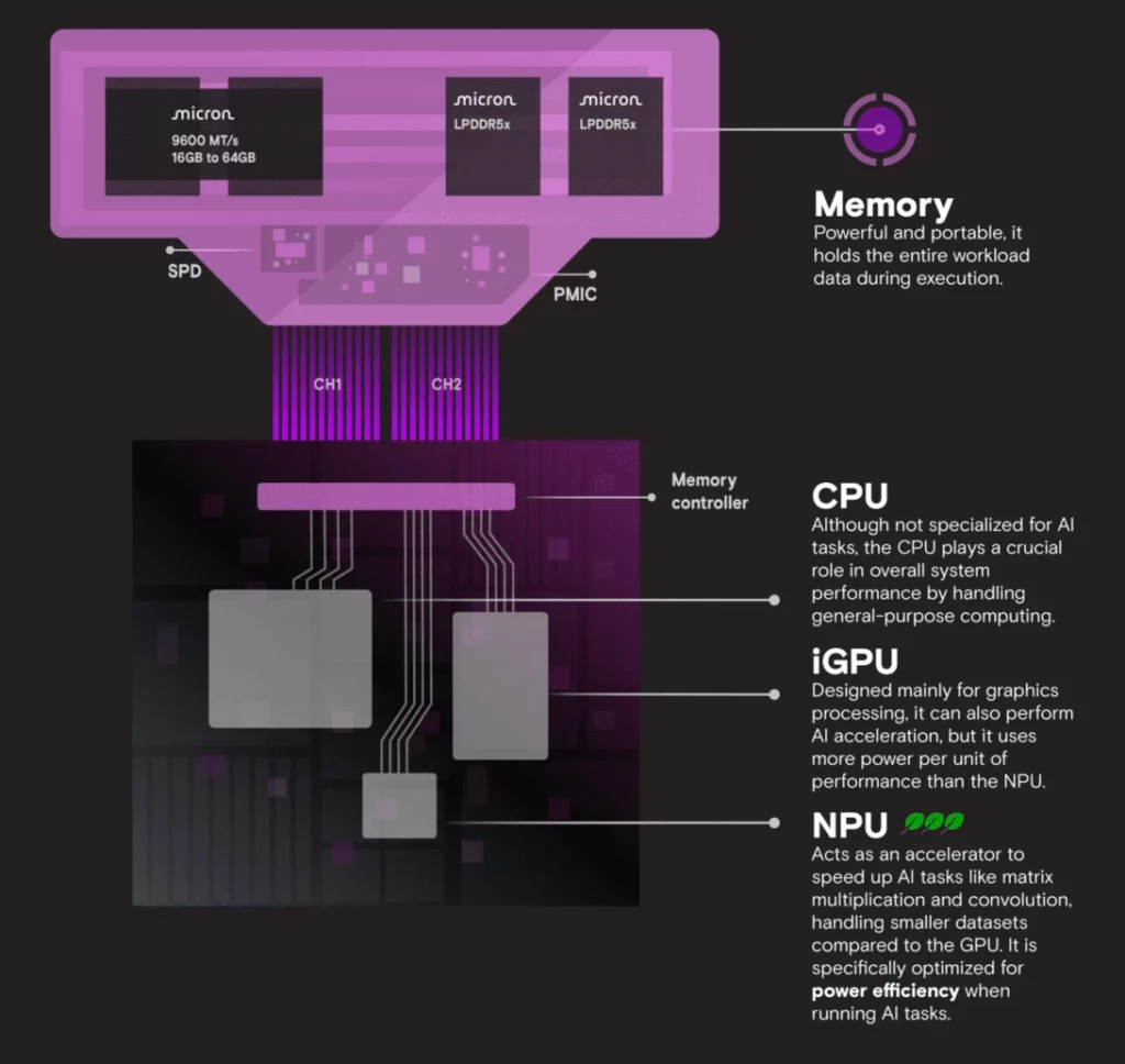 Infografis teknis yang menjelaskan bagaimana memori LPCAMM2 berbasis LPDDR5X terintegrasi dengan CPU dan NPU untuk tugas AI.