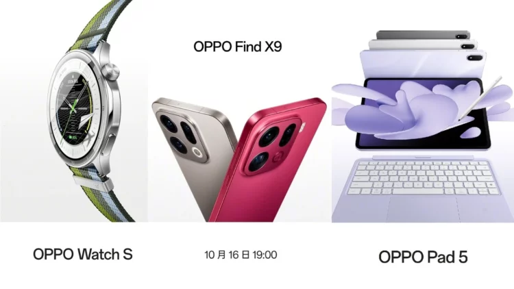 Poster resmi peluncuran jajaran produk baru Oppo: Oppo Find X9, Oppo Watch S, dan Oppo Pad 5, yang akan diluncurkan pada 16 Oktober.