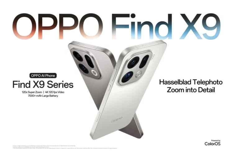 Poster resmi Oppo Find X9 series rilis global, menampilkan HP Find X9 dan Find X9 Pro dengan fitur andalan baterai 7.500mAh dan kamera 200MP (Hasselblad).