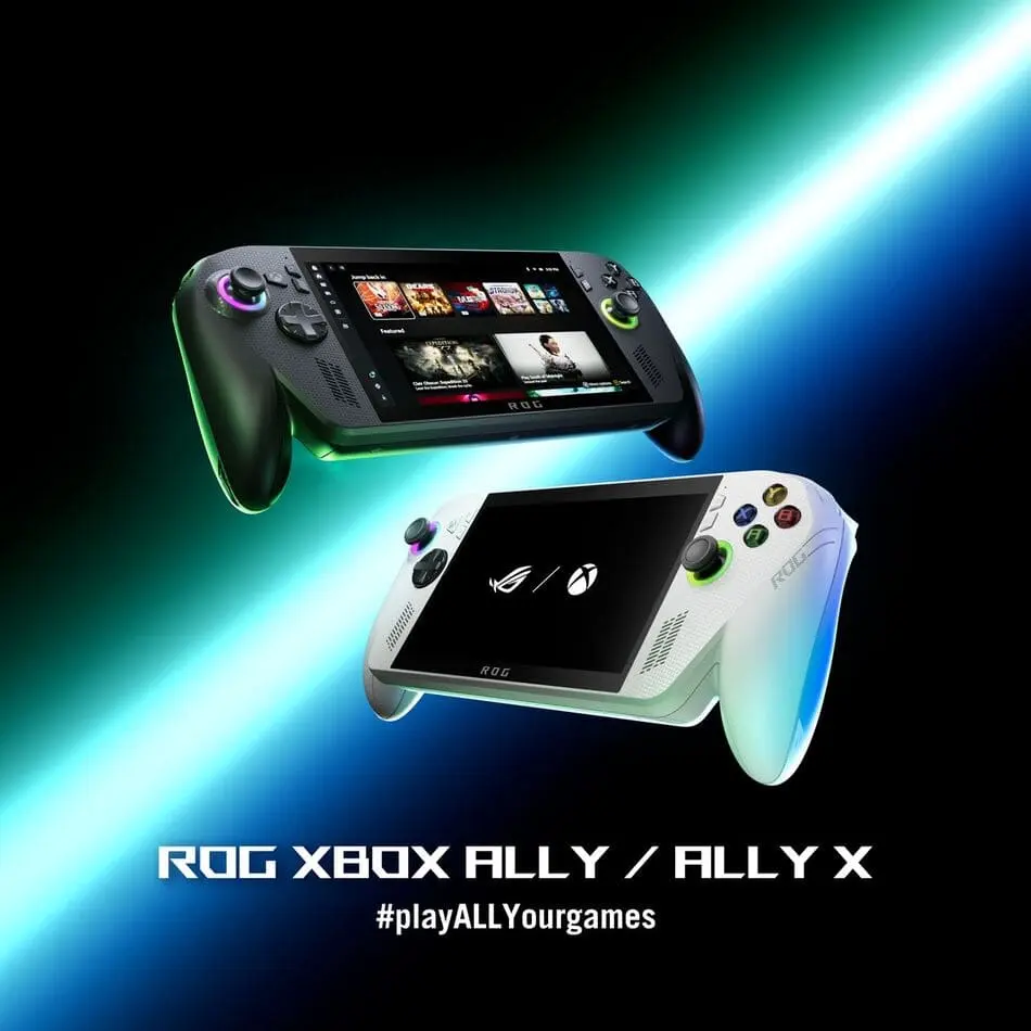 Dua unit ROG Xbox Ally berwarna hitam dan putih ditampilkan secara diagonal, menyoroti perbedaan desain sasis dan antarmuka Xbox Full Screen.