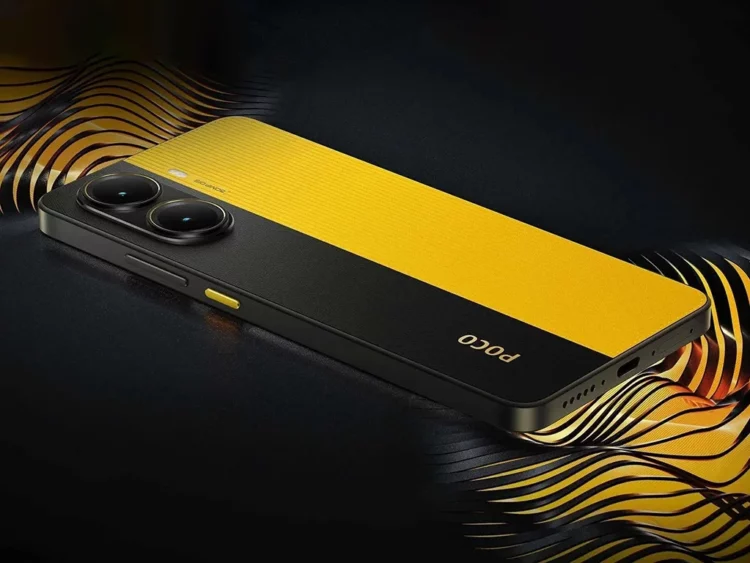 Render desain POCO X8 Pro dengan warna kuning dan hitam, menyoroti modul dual camera dan bodinya yang stylish, terkait bocoran baterai 7000 mAh.