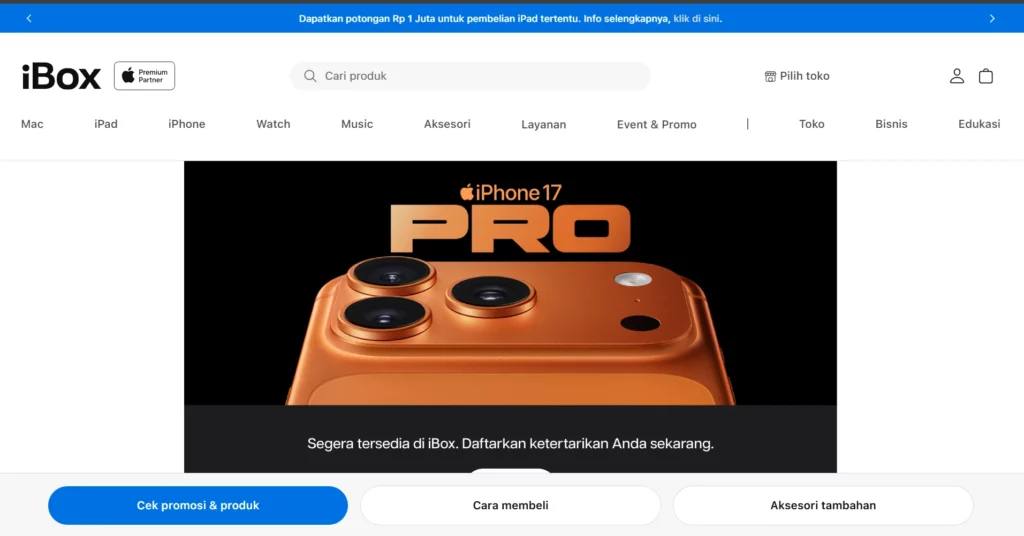 Tangkapan layar situs iBox yang menampilkan teaser iPhone 17 Pro, menjadi pemicu strategi harga iPhone naik untuk model lama.