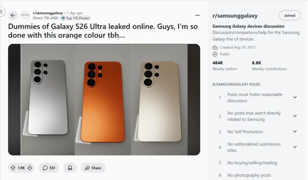 Screenshot postingan di forum Reddit yang menampilkan bocoran warna Galaxy S26 Ultra oranye, lengkap dengan judul postingan dan jumlah upvote serta komentar yang menunjukkan reaksi netizen.