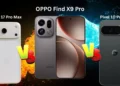 Hasil tes baterai OPPO Find X9 Pro (tengah) vs iPhone 17 Pro Max (kiri) dan Pixel 10 Pro XL (kanan), menunjukkan OPPO menang telak dalam uji daya tahan.