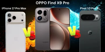Hasil tes baterai OPPO Find X9 Pro (tengah) vs iPhone 17 Pro Max (kiri) dan Pixel 10 Pro XL (kanan), menunjukkan OPPO menang telak dalam uji daya tahan.
