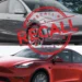 Kolase Tesla Model Y dan Model 3 dengan stempel "RECALL" merah besar, mengilustrasikan Tesla recall 13.000 unit akibat risiko tiba-tiba kehilangan tenaga.
