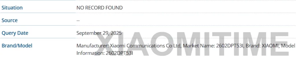 Bukti tangkapan layar dari database IMEI yang menunjukkan nomor model untuk Xiaomi 17T.