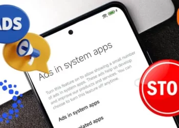 Ilustrasi cara mematikan iklan HyperOS di HP Xiaomi dengan menekan tombol STOP pada pengaturan 'Ads in system apps'.