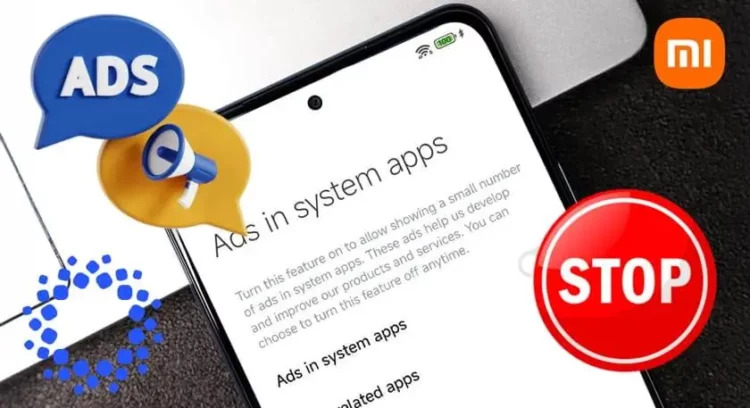 Ilustrasi cara mematikan iklan HyperOS di HP Xiaomi dengan menekan tombol STOP pada pengaturan 'Ads in system apps'.