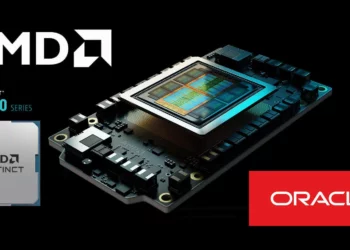 Logo AMD, Oracle, dan ilustrasi GPU AMD Instinct MI450 Series, sebagai visualisasi berita bahwa AMD saingi NVIDIA dengan membangun superkomputer AI bersama Oracle.