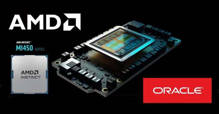 Logo AMD, Oracle, dan ilustrasi GPU AMD Instinct MI450 Series, sebagai visualisasi berita bahwa AMD saingi NVIDIA dengan membangun superkomputer AI bersama Oracle.