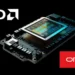 Logo AMD, Oracle, dan ilustrasi GPU AMD Instinct MI450 Series, sebagai visualisasi berita bahwa AMD saingi NVIDIA dengan membangun superkomputer AI bersama Oracle.