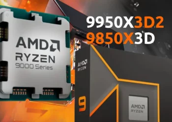 Ilustrasi jajaran AMD Zen 5 terbaru (Ryzen 9000), menampilkan bocoran CPU X3D baru Ryzen 9 9950X3D2 dan Ryzen 7 9850X3D yang siap rilis di CES 2026.