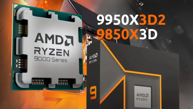 Ilustrasi jajaran AMD Zen 5 terbaru (Ryzen 9000), menampilkan bocoran CPU X3D baru Ryzen 9 9950X3D2 dan Ryzen 7 9850X3D yang siap rilis di CES 2026.