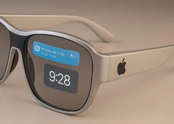 Render konseptual kacamata pintar Apple yang menampilkan notifikasi, menjadi topik utama artikel.