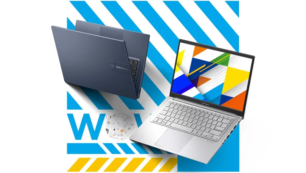 Dua laptop ASUS Vivobook Go 14 dalam warna biru dan perak dengan desain stylish, sebagai bagian dari panduan memilih ASUS Vivobook untuk pelajar.