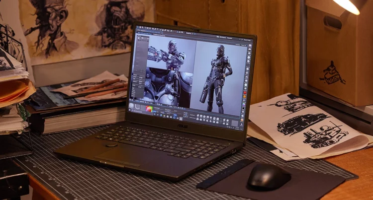 Sebuah laptop konten kreator di atas meja kerja, menampilkan software desain 3D, sebagai ilustrasi untuk artikel peringkat laptop terbaik.