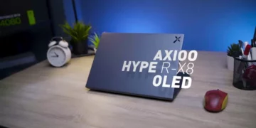 Laptop Axioo HYPE-R X8 OLED di atas meja, di-review (bongkar) sebagai laptop 900 gram dengan layar OLED yang harganya cuma 8 jutaan.