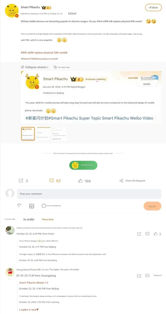 Screenshot bocoran Smart Pikachu di Weibo yang mengungkap Xiaomi 17 Air sebagai 'flagship tipis & ringan' (slim and light flagship) dengan kamera 200MP.