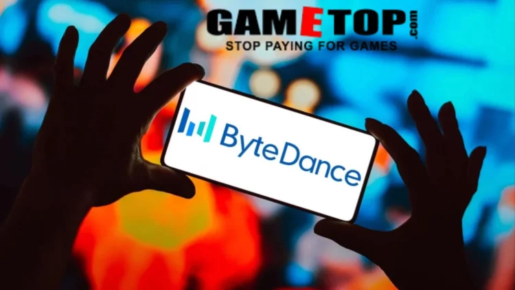 Ilustrasi ByteDance GameTop, platform game baru dari induk TikTok (logo ByteDance di HP), yang resmi memulai 'perang' untuk menyaingi Steam (logo GameTop di latar).